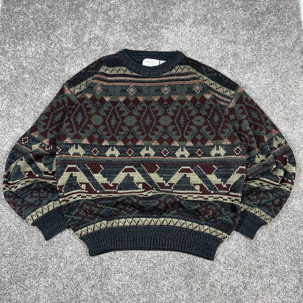 Vintage 1990s Sears Geometric Chunky Knit Grandpa Sweater Mens L Western Aztec